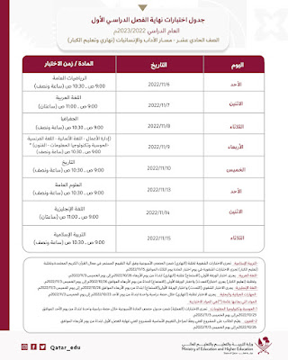 جدول اختبارات الصف الحادي عشر - مسار الآداب والإنسانيات (نهاري وتعليم الكبار) 2022-2023 جدول اختبارات الصف الحادي عشر - مسار الآداب والإنسانيات (نهاري وتعليم الكبار) 2022-2023