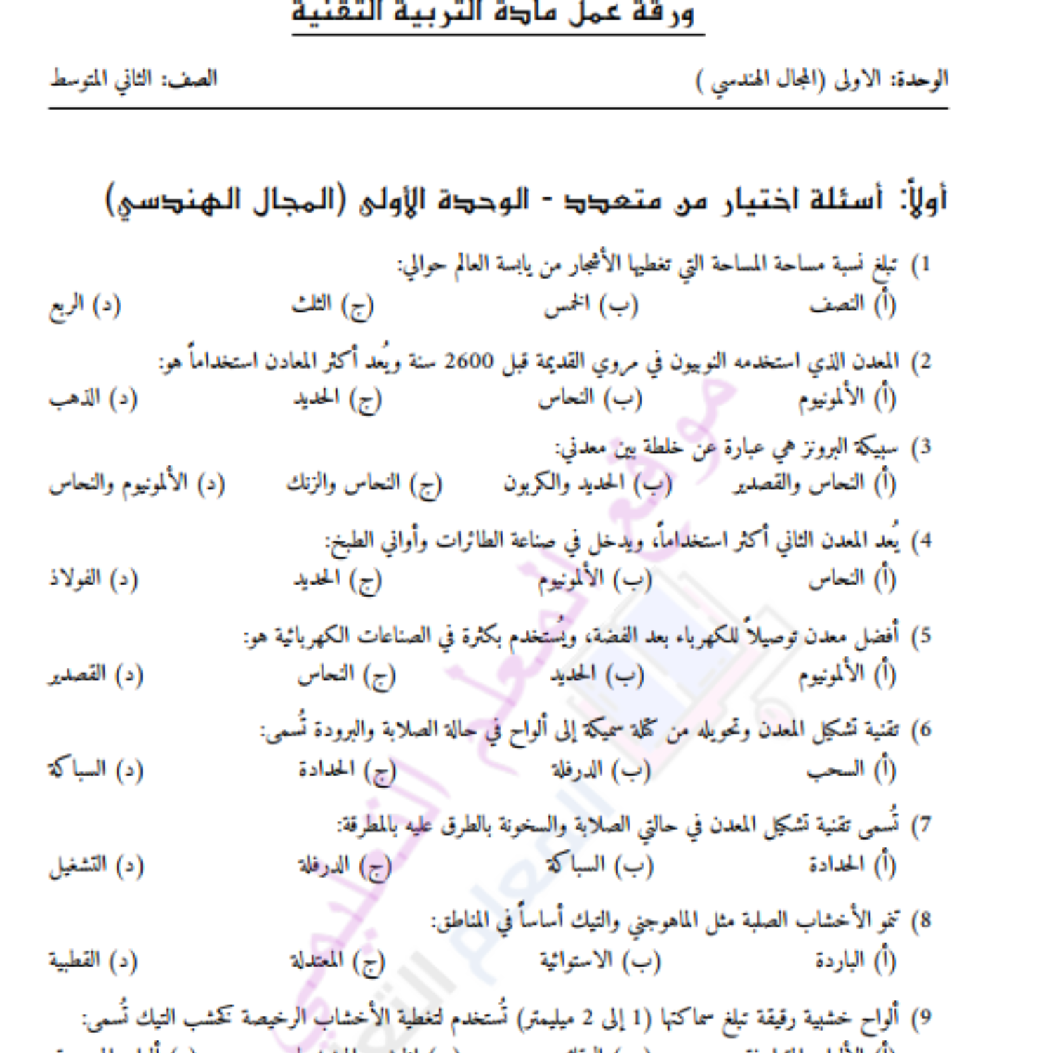 اوراق عمل الوحدة الاولى المجال الهندسي تربية تقنية ثاني متوسط السودان